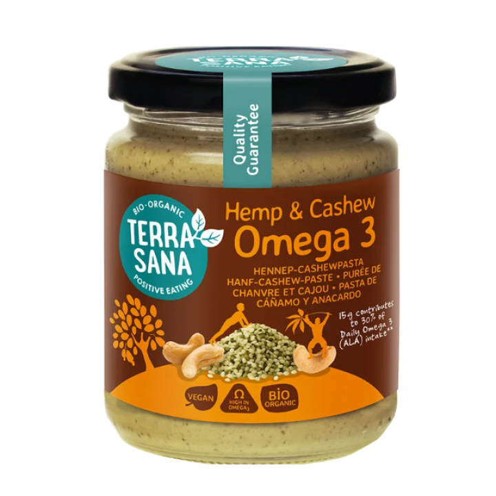 Ekologiškas švelnus kanapių sėklų ir anakardžių riešutų kremas OMEGA 3, 250 g