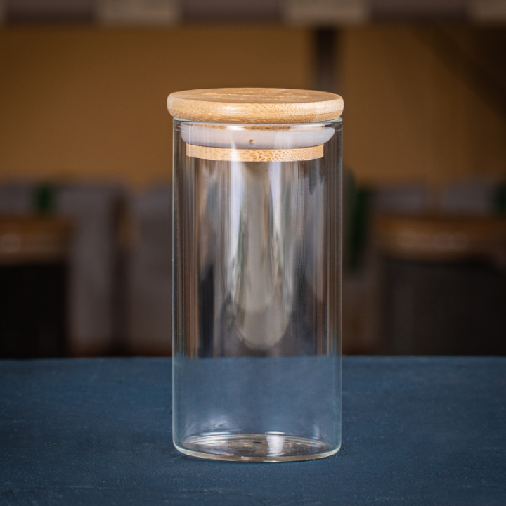 Glass container for loose products with bamboo lid (5,5x11 cm, approx. 0,2 L)