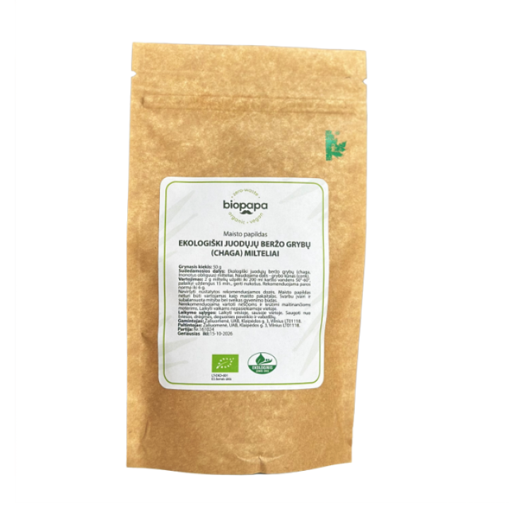 Bioloģisks melnās bērza piepes (chaga) pulveris, uztura bagātinātājs