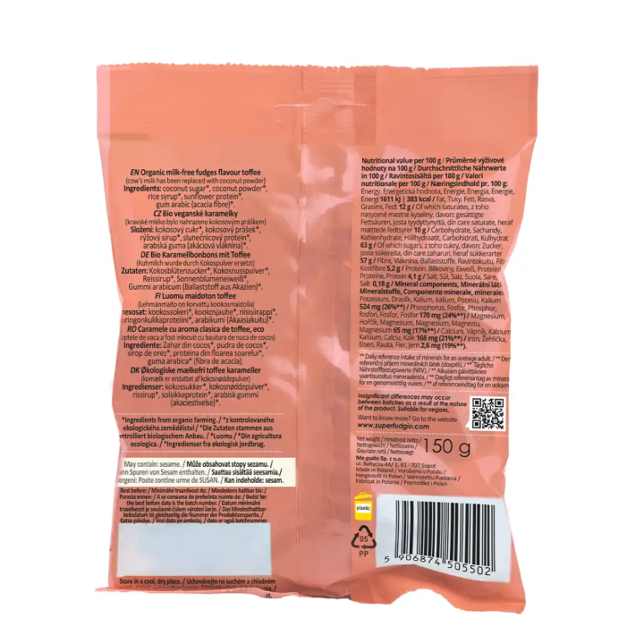 Bioloģiskas augu izcelsmes konfektes “Karvutė” ar toffi garšu, 150 g, SUPER FUDGIO