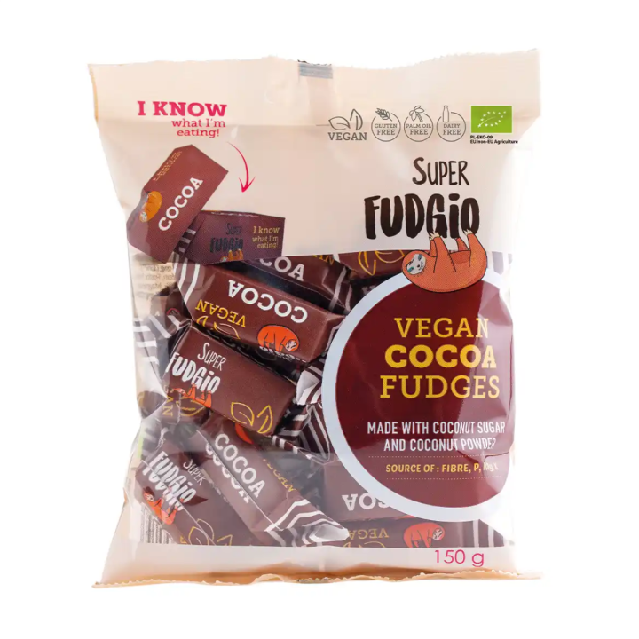 Bioloģiskas augu izcelsmes konfektes “Karvutė” ar kakao garšu, 150 g, SUPER FUDGIO