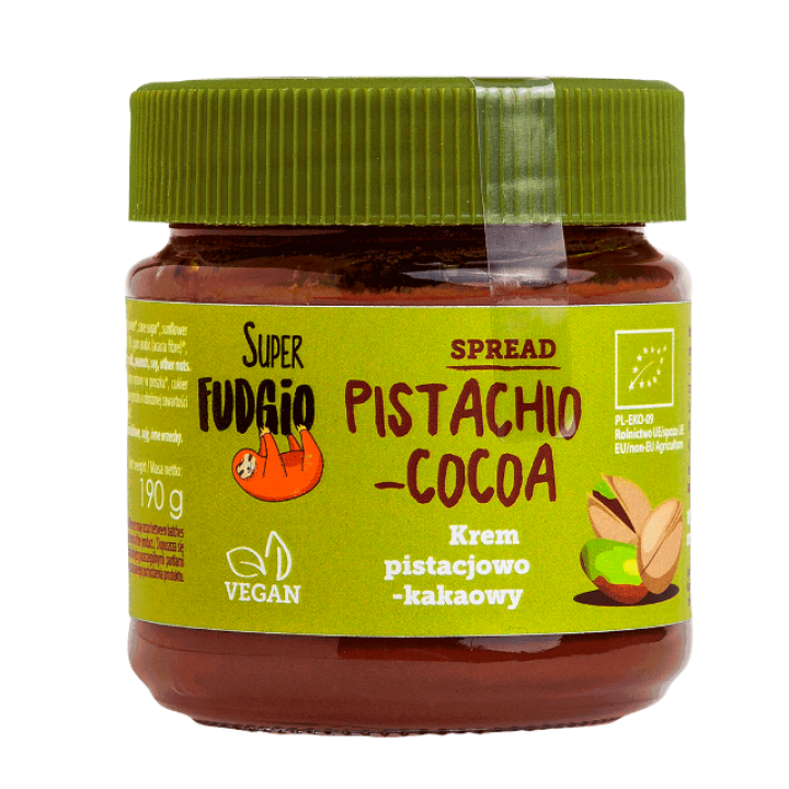 Bioloģisks pistāciju un kakao krēms ar cukurniedru cukuru, 190 g, SUPER FUDGIO