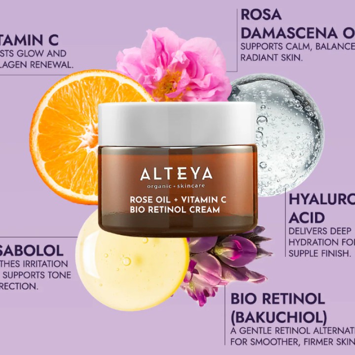 Ekoloģisks LUMINOUS ROSE BIO RETINOL sejas krēms - rožu eļļa + C vitamīns, 50 ml, ALTEYA