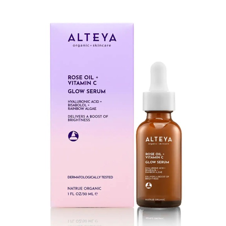 Ekoloģisks LUMINOUS ROSE GLOW serums - rožu eļļa + C vitamīns, 30 ml, ALTEYA