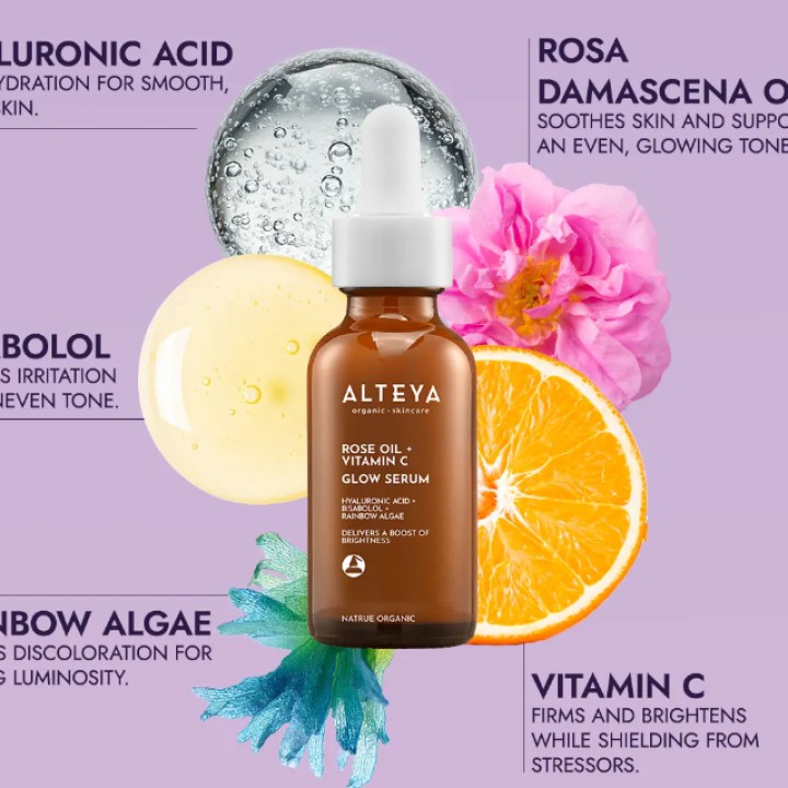 Organic LUMINOUS ROSE GLOW serum - rose oil + vitamin C, 30 ml, ALTEYA