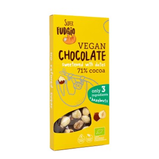 Organic dark chocolate 71 % with hazelnuts, sweetened with dates, gluten-free, 100 g, SUPER FUDGIO