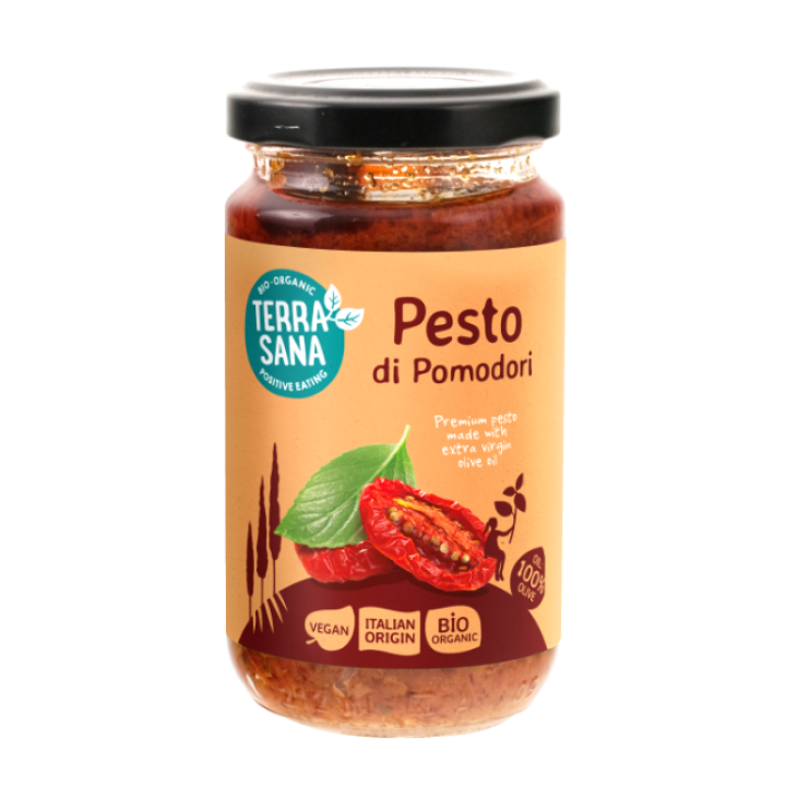 Bioloģisks saulē kaltētu tomātu pesto, 180 g, TERRASANA