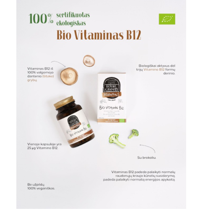 Bioloģisks vitamīns B12 25 mcg, ROYAL GREEN, 60 kapsulas