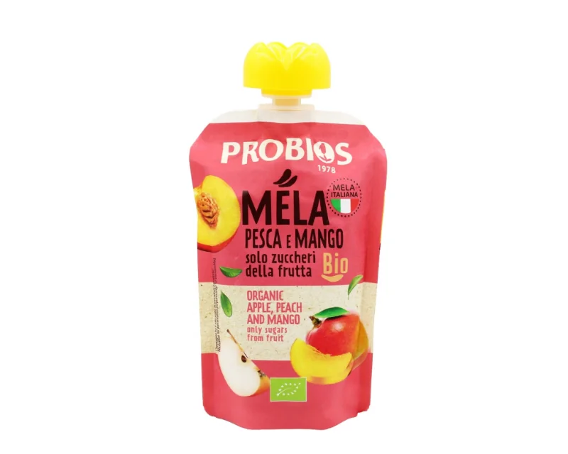 Bioloģisks persiku, ābolu un mango biezenis bez cukura Bioloģisks persiku, ābolu un mango biezenis bez cukura, 100 g, PROBIOS - Image 1