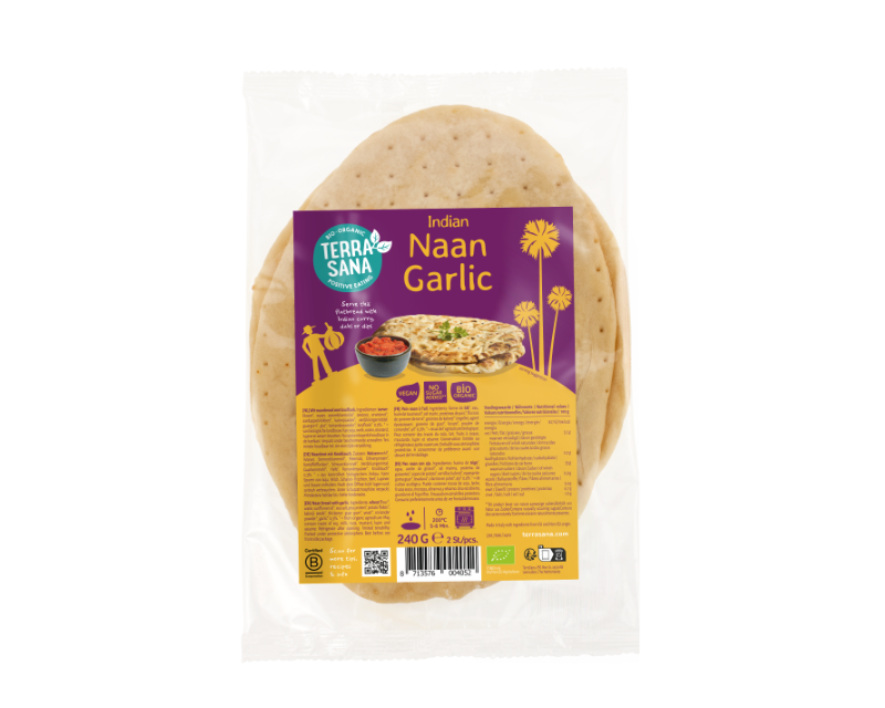 Bioloģiska indiešu naan maize ar ķiplokiem Organic Indian naan bread with garlic, 240 g, TERRASANA - Image 1