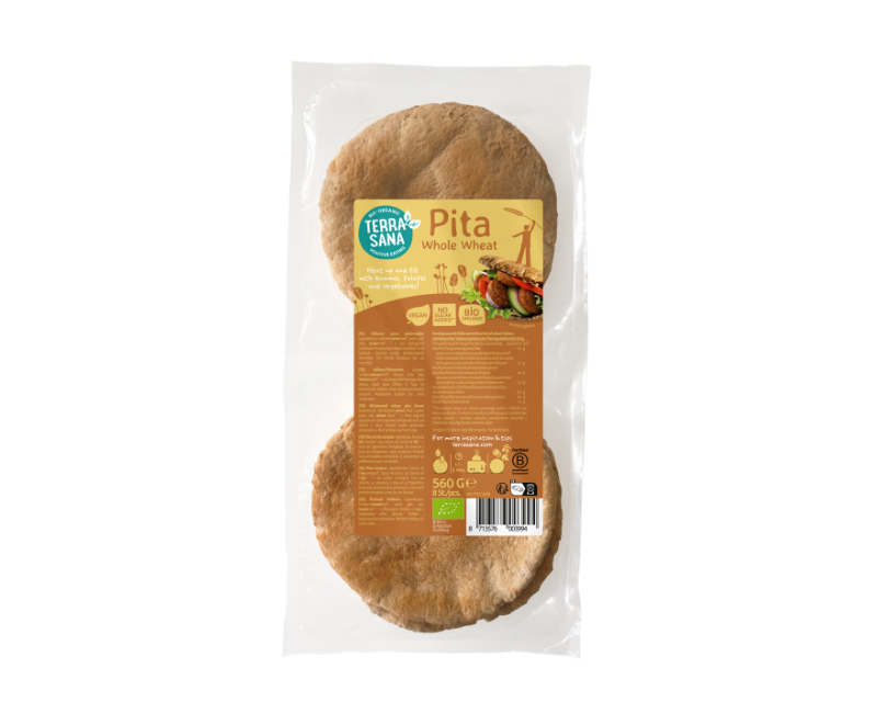 Bioloģiska pilngraudu pitas maize Organic wholemeal pita bread, 2×4 pieces (560 g), TerraSana - Image 1