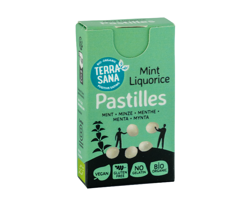 Bioloģiskas lakricas un piparmētru pastilas Organic liquorice and mint pastilles, 25 g, TERRASANA - Image 1