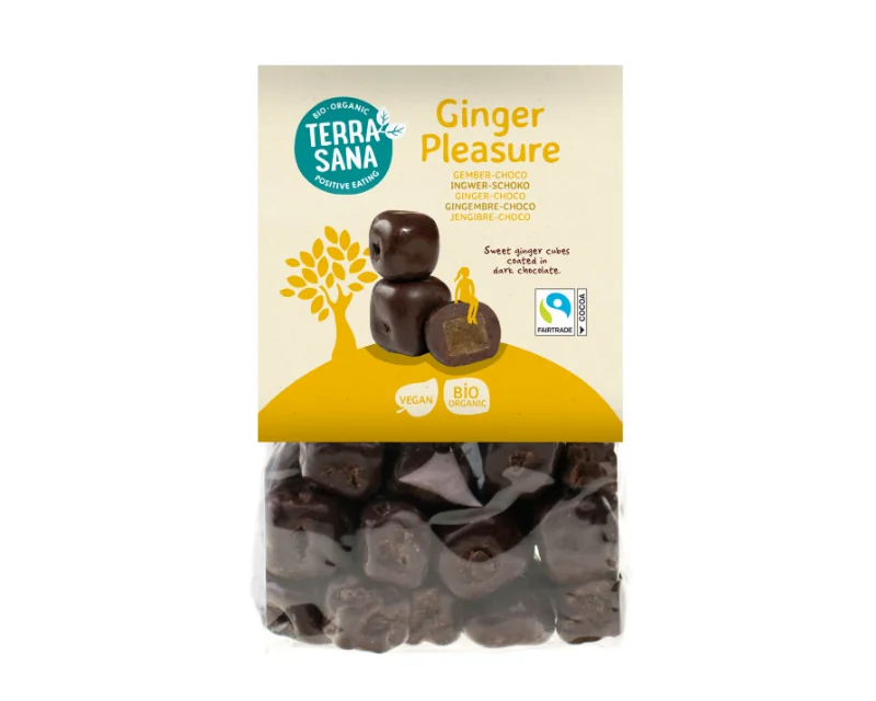 Bioloģiski ingvera gabaliņi šokolādē Органические шоколадные кусочки имбиря Ginger Pleasure, 150 г, TERRASANA — изображение 1